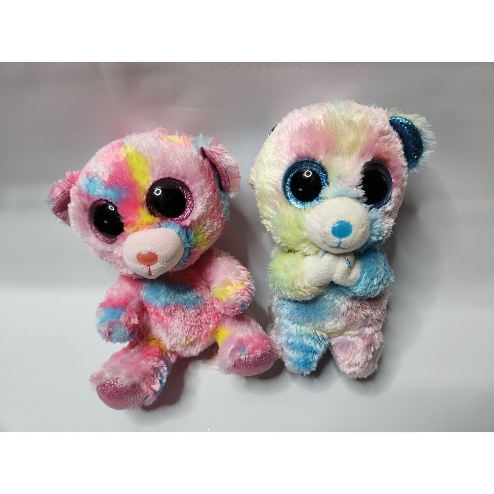 TY Plush Pair Franky & Hope Rainbow Bears Large Glitter Eyes Set of 2